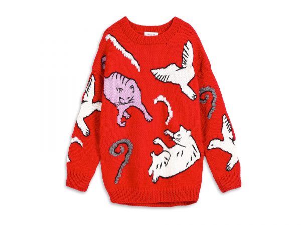 Per le amanti dei gatti più freddolose, Paul & Joe presenta il maglione rosso in lana a motivo pet.