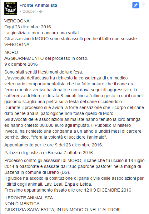 breno cane ammazzato processo assoluzione