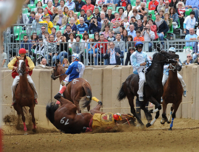 Strappati 50 manifesti LAV con la foto della caduta di un cavallo durante il Palio di Asti